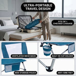 Close-up of breathable mesh back and padded armrest on folding beach chair