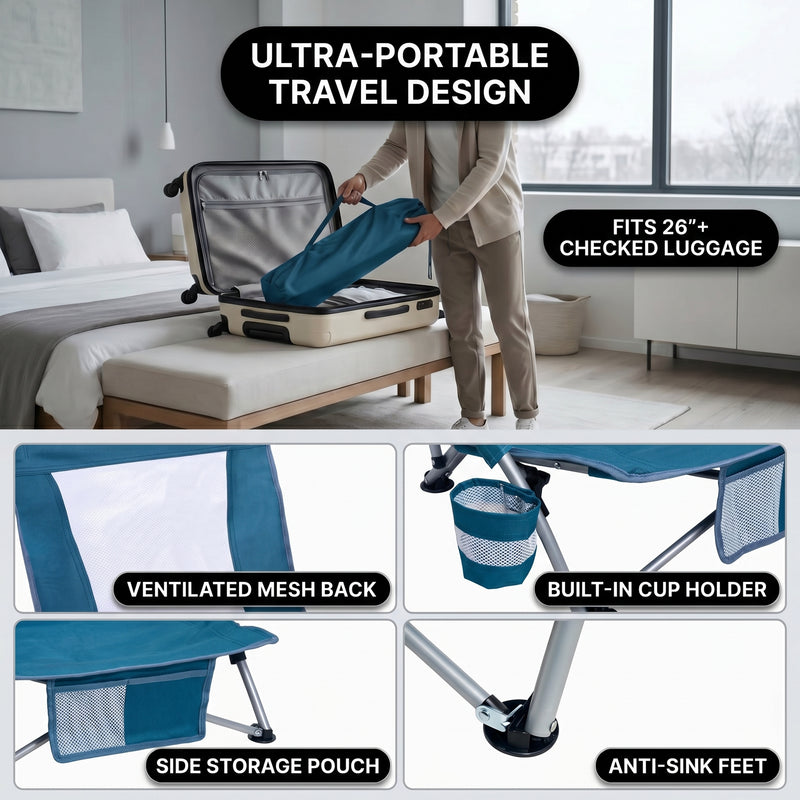 Close-up of breathable mesh back and padded armrest on folding beach chair
