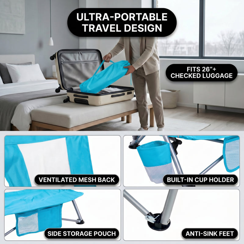 Close-up of breathable mesh back and padded armrest on folding beach chair