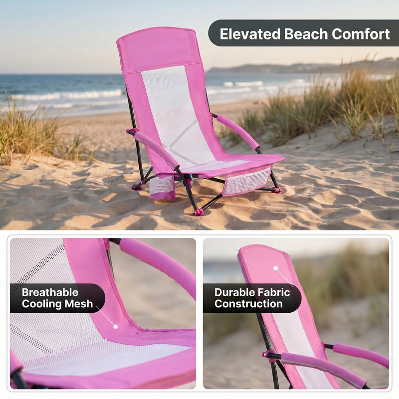 Close-up of breathable mesh back and padded armrest on folding beach chair
