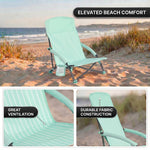 Close-up of breathable mesh back and padded armrest on folding beach chair