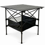 Black aluminum folding camping table with roll-up top and mesh storage basket