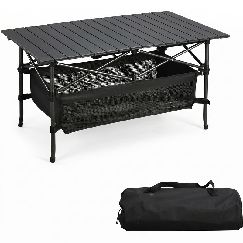 Black aluminum folding camping table with roll-up top and mesh storage basket