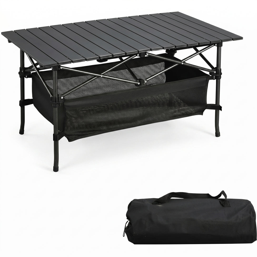 Black aluminum folding camping table with roll-up top and mesh storage basket