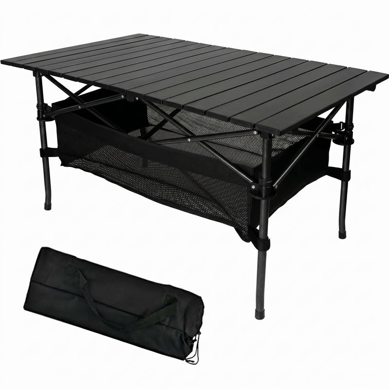 Black aluminum folding camping table with roll-up top and mesh storage basket