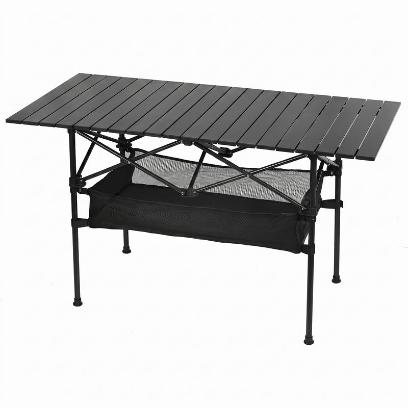 Black aluminum folding camping table with roll-up top and mesh storage basket