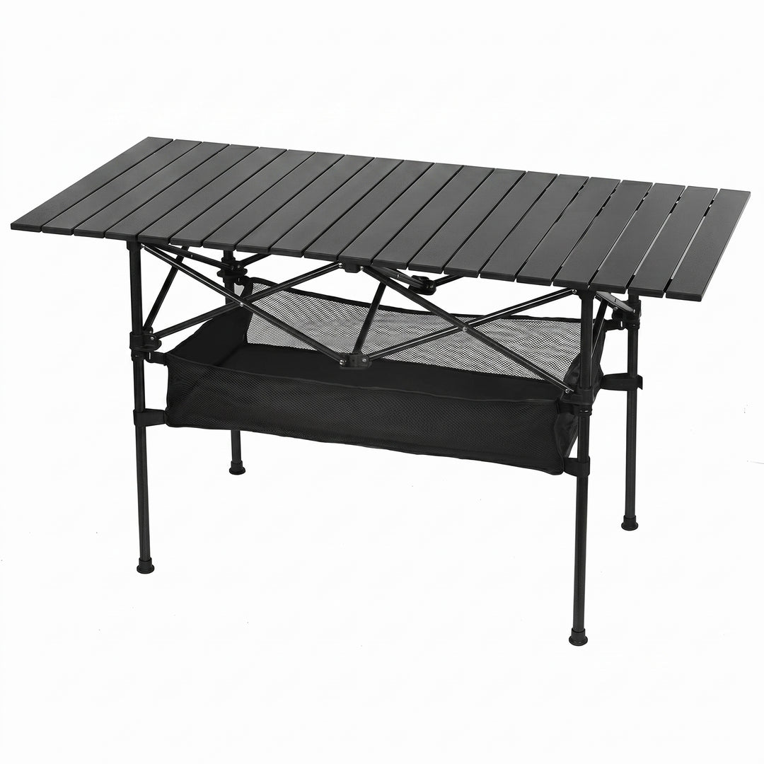 Black aluminum folding camping table with roll-up top and mesh storage basket