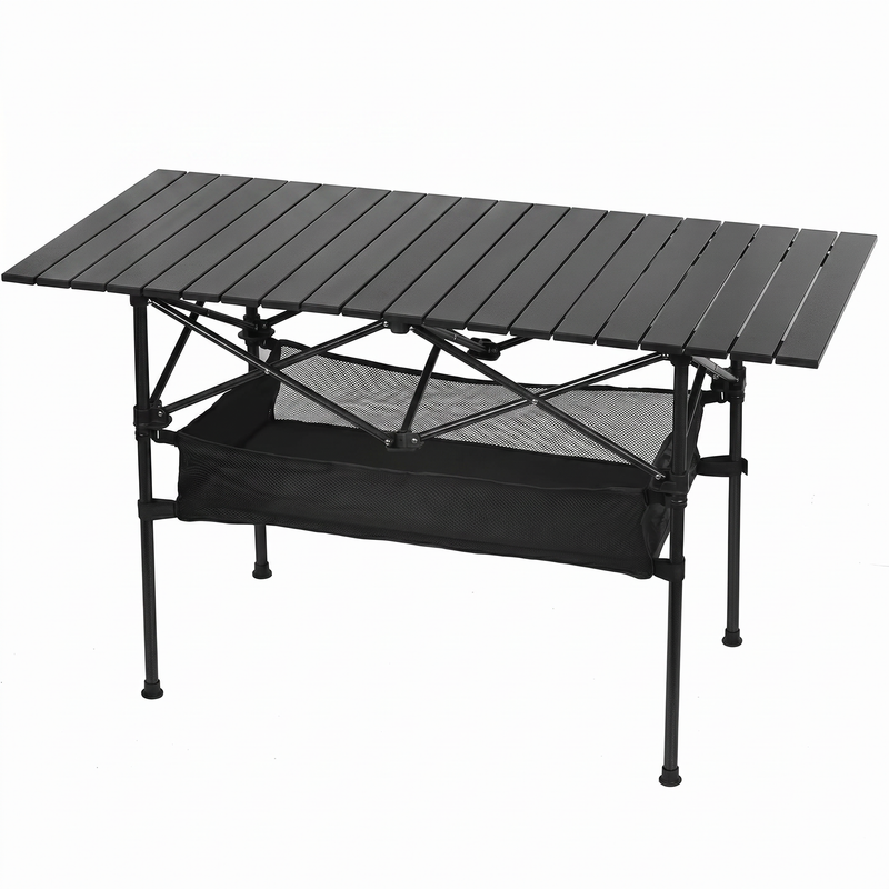 Black aluminum folding camping table with roll-up top and mesh storage basket