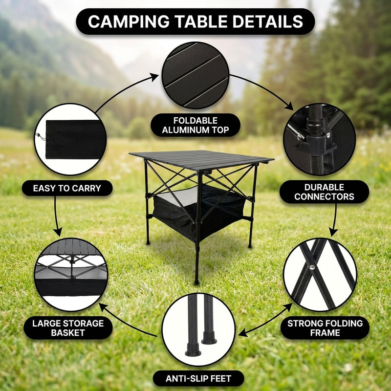 Camping table height and width details with included carry bag