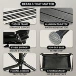 Camping table height and width details with included carry bag
