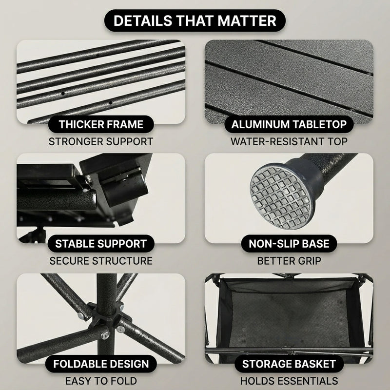 Camping table height and width details with included carry bag