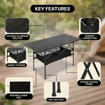 Camping table height and width details with included carry bag