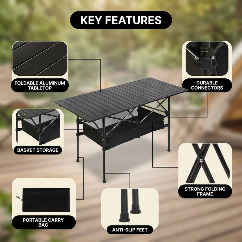Camping table height and width details with included carry bag