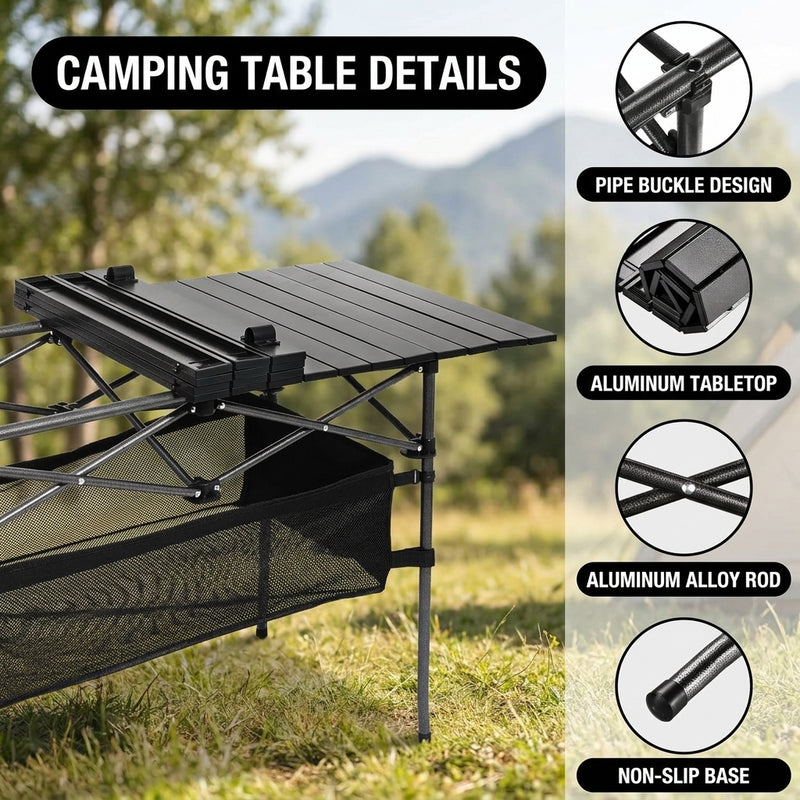 Camping table height and width details with included carry bag