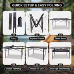 Camping table height and width details with included carry bag