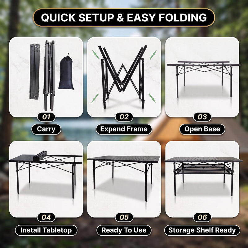Camping table height and width details with included carry bag
