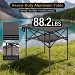 Camping table height and width details with included carry bag