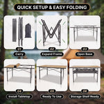 Camping table height and width details with included carry bag