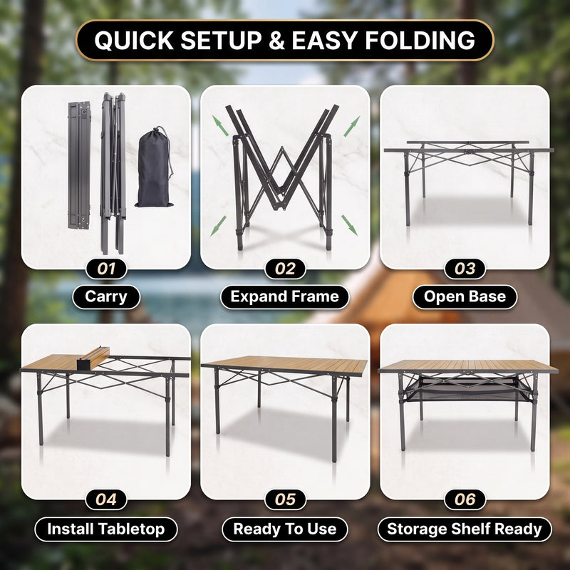 Camping table height and width details with included carry bag
