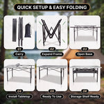 Camping table height and width details with included carry bag