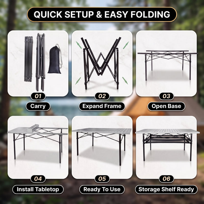 Camping table height and width details with included carry bag