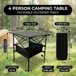 Folding camping table dimension chart showing roll tabletop and storage basket