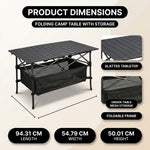 Folding camping table dimension chart showing roll tabletop and storage basket