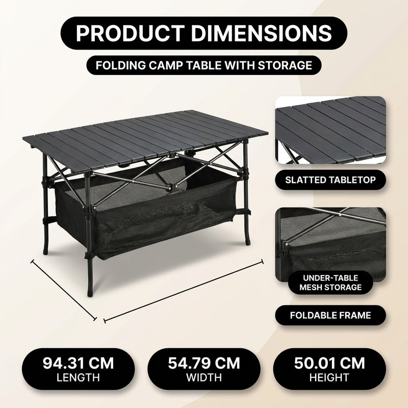 Folding camping table dimension chart showing roll tabletop and storage basket