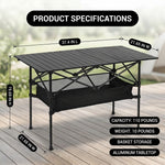 Folding camping table dimension chart showing roll tabletop and storage basket