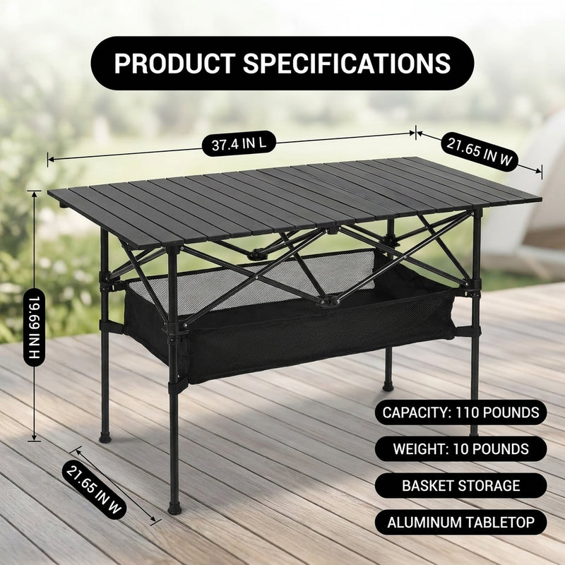 Folding camping table dimension chart showing roll tabletop and storage basket