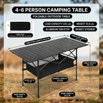 Folding camping table dimension chart showing roll tabletop and storage basket