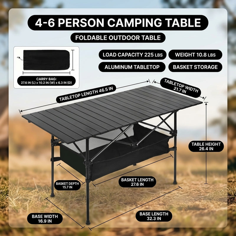 Folding camping table dimension chart showing roll tabletop and storage basket