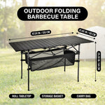 Folding camping table dimension chart showing roll tabletop and storage basket