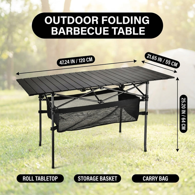 Folding camping table dimension chart showing roll tabletop and storage basket