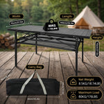 Folding camping table dimension chart showing roll tabletop and storage basket