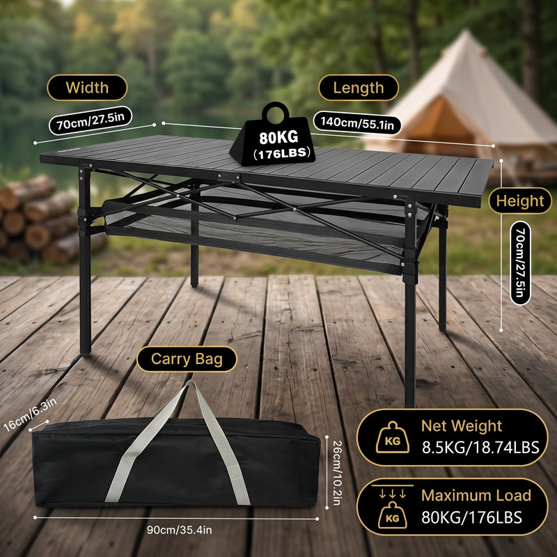 Folding camping table dimension chart showing roll tabletop and storage basket
