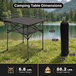 Folding camping table dimension chart showing roll tabletop and storage basket