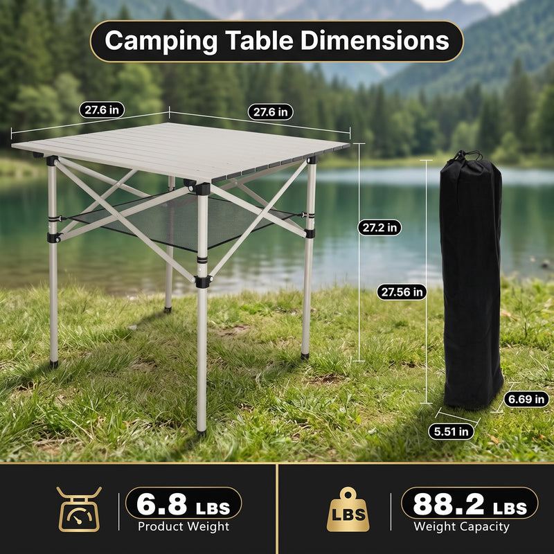 Folding camping table dimension chart showing roll tabletop and storage basket