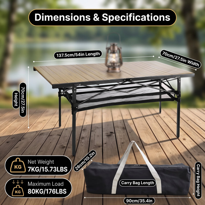 Folding camping table dimension chart showing roll tabletop and storage basket