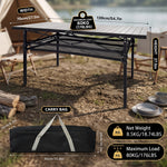 Folding camping table dimension chart showing roll tabletop and storage basket