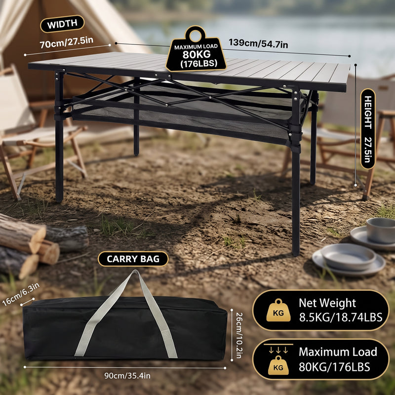 Folding camping table dimension chart showing roll tabletop and storage basket