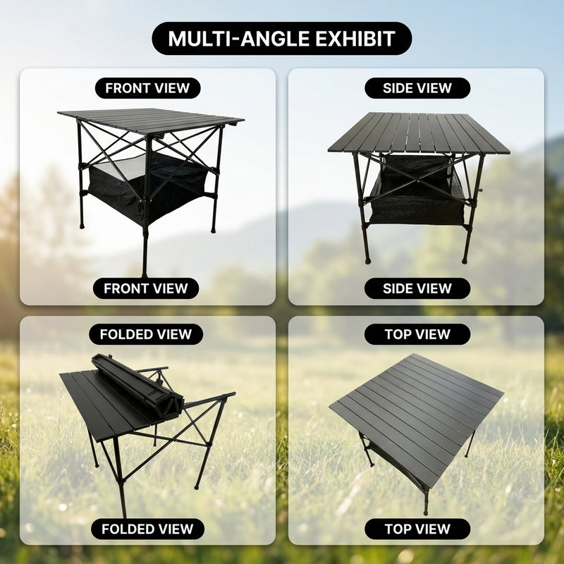 Portable camping table build features including aluminum frame and 225 lb capacity