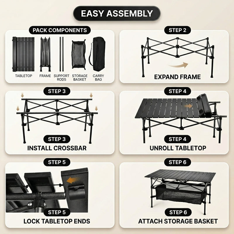 Portable camping table build features including aluminum frame and 225 lb capacity