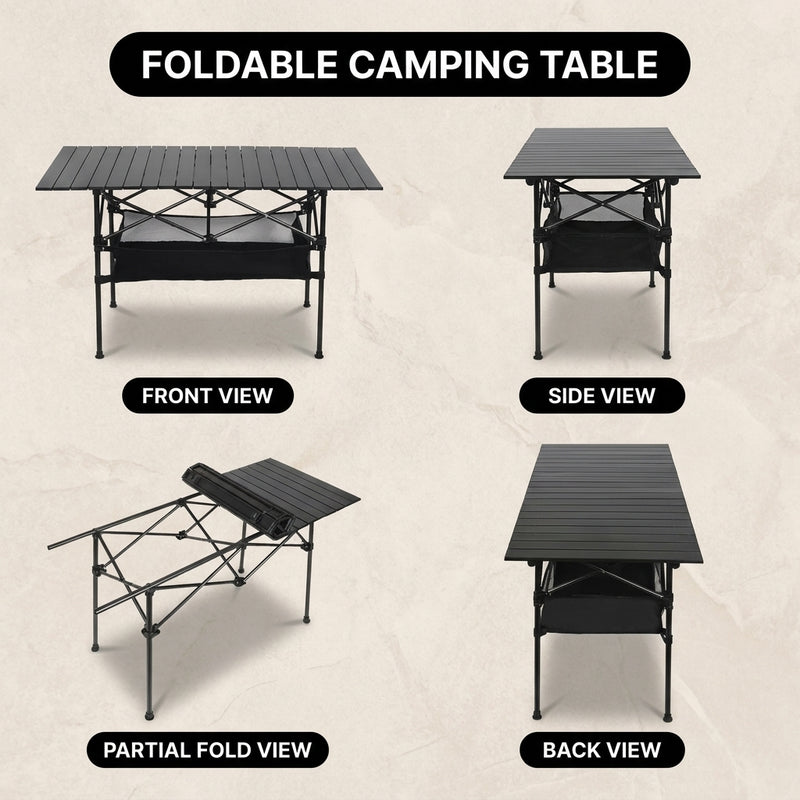 Portable camping table build features including aluminum frame and 225 lb capacity