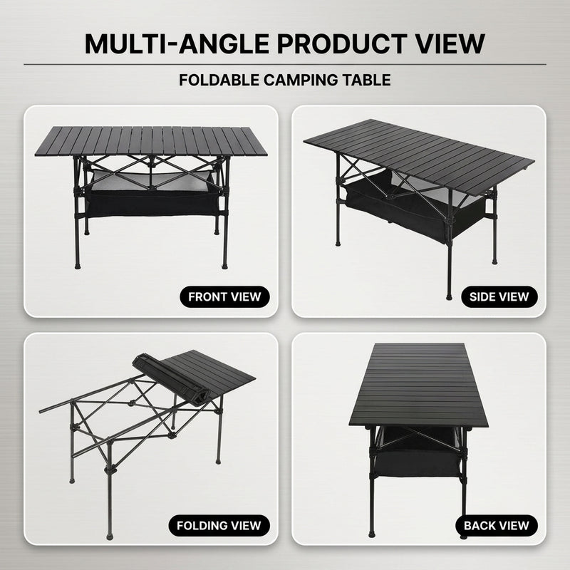 Portable camping table build features including aluminum frame and 225 lb capacity
