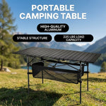 Portable camping table build features including aluminum frame and 225 lb capacity