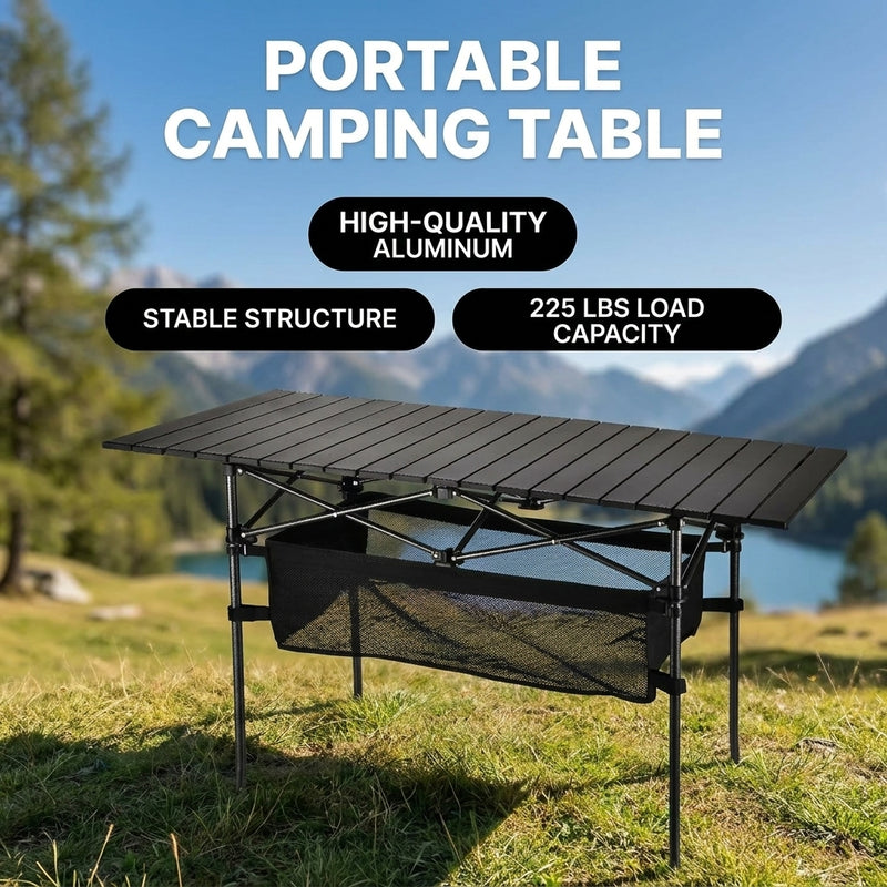 Portable camping table build features including aluminum frame and 225 lb capacity