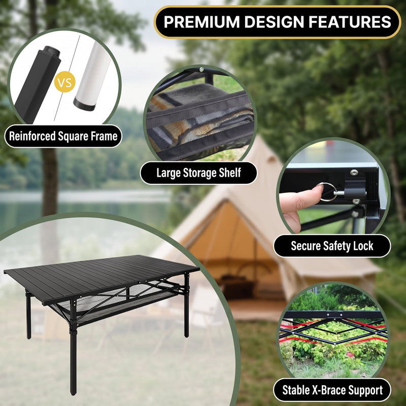 Portable camping table build features including aluminum frame and 225 lb capacity