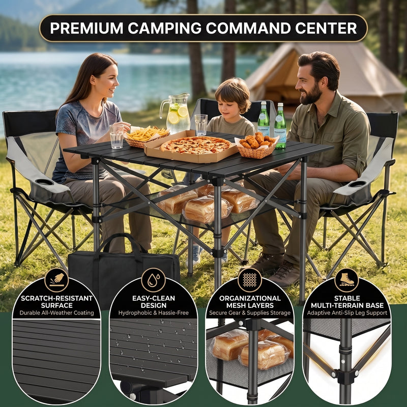 Portable camping table build features including aluminum frame and 225 lb capacity