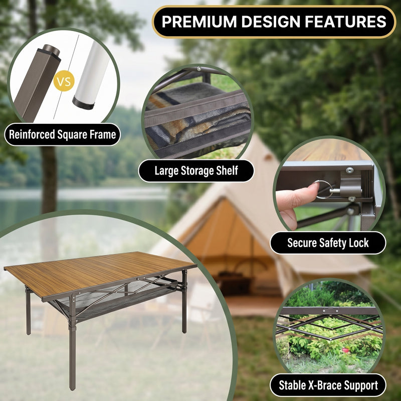 Portable camping table build features including aluminum frame and 225 lb capacity